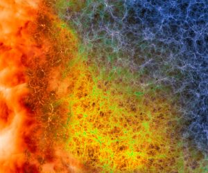 An artist’s composite of images from Nyx-generated cosmic web simulations