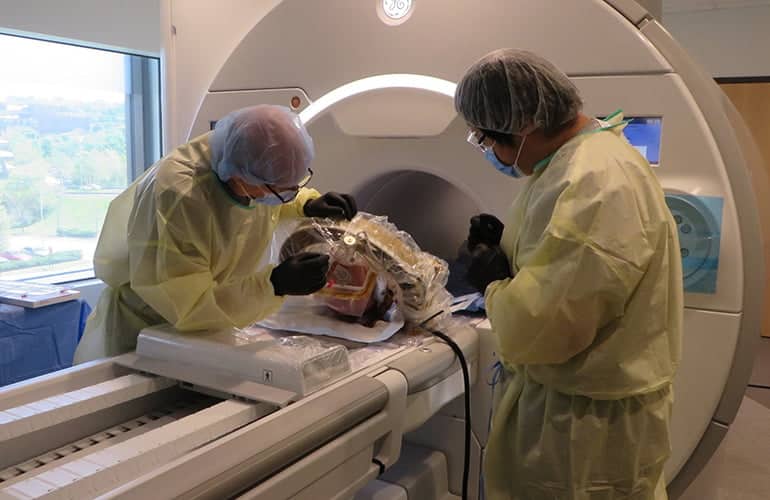 During AiM's cadaver trial, it showcased it's robot's abilities in a fully direct MRI-guided procedure for bilateral deep brain stimulation lead placement. | Source: AiM Medical Robotics.
