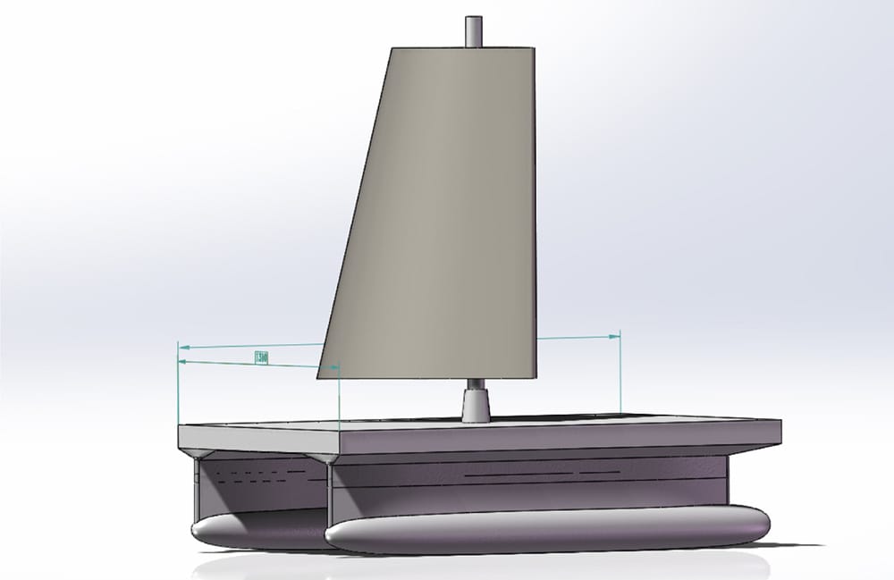 The conceptual design features a small waterplane area twin hull vessel that acts as a docking and charging station for autonomous underwater vehicles and aerial drones, using solar and turbine energy to enable continuous monitoring.