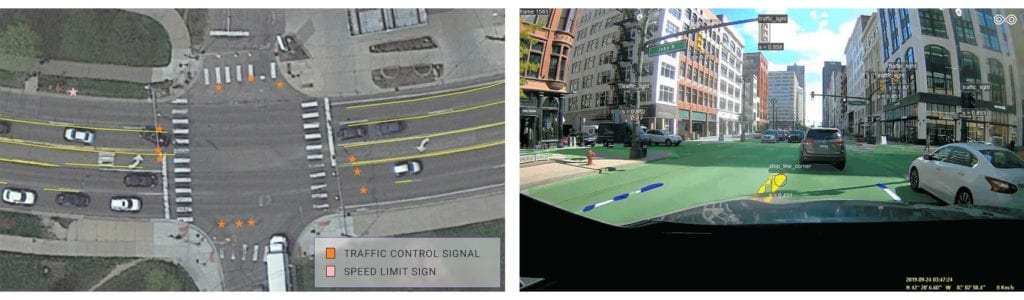 Carmera and TRI-AD’s latest mapping initiative in Michigan shows suburban road feature placement (left) and urban street-level object detection (right) developed from Toyota TransLog telematics cameras.