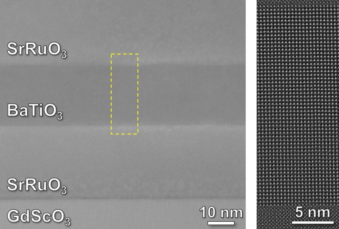 Electron microscope images show the precise atom by atom structure of a barium titanate BaTiO3 thin film sandwiched between layers of strontium ruthenate SrRuO3 metal to make a tiny capacitor PACE Engineering Recruiters