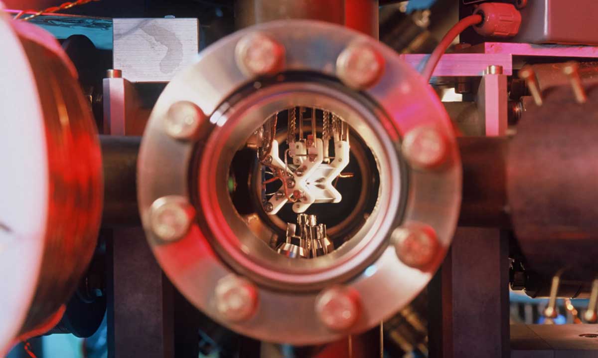 View inside an ion trap, the heart of an ion trap quantum computer.