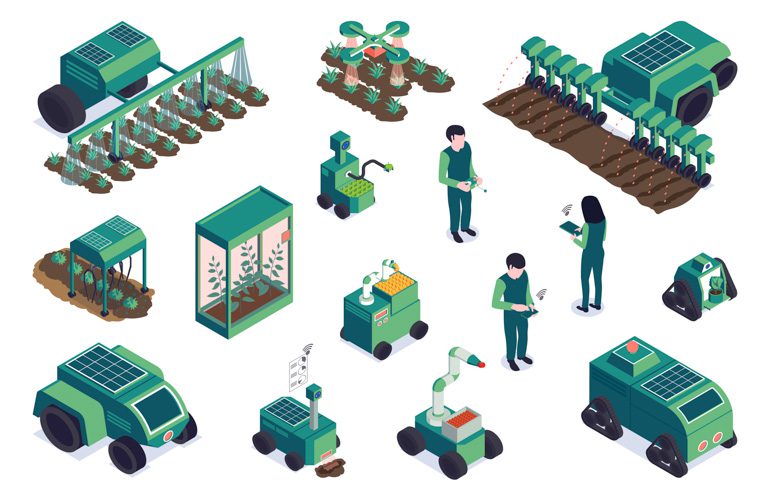 Isometric smart farm set with isolated human characters tractors and robotic rural machinery on blank background vector illustration