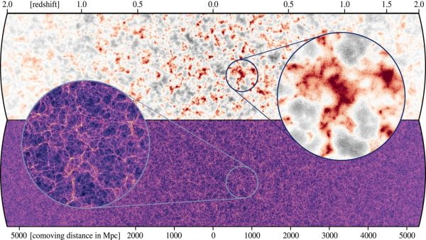 This image shows neutrinos (top) and dark matter density fields (bottom) from a fixed observation point. The MillenniumTNG simulations are allowing researchers to better model and, in turn, understand the ubiquitous yet mysterious neutrinos in our universe. Image credit: Volker Springel and the MillenniumTNG collaboration.