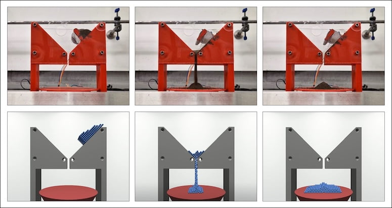 The same experiments were set up in, both, simulation and reality to see if the virtual regolith behaved realistically. This test looked at how small (16 g) samples of material flowed through narrow funnels.