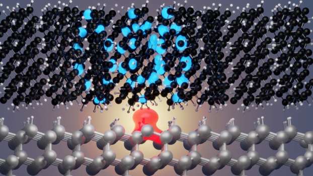 This image shows a visualization of the calculated exciton transfer from an upper tetracene layer of a solar cell to the silicon substrate. The electron is shown in blue, and the electron hole in red.