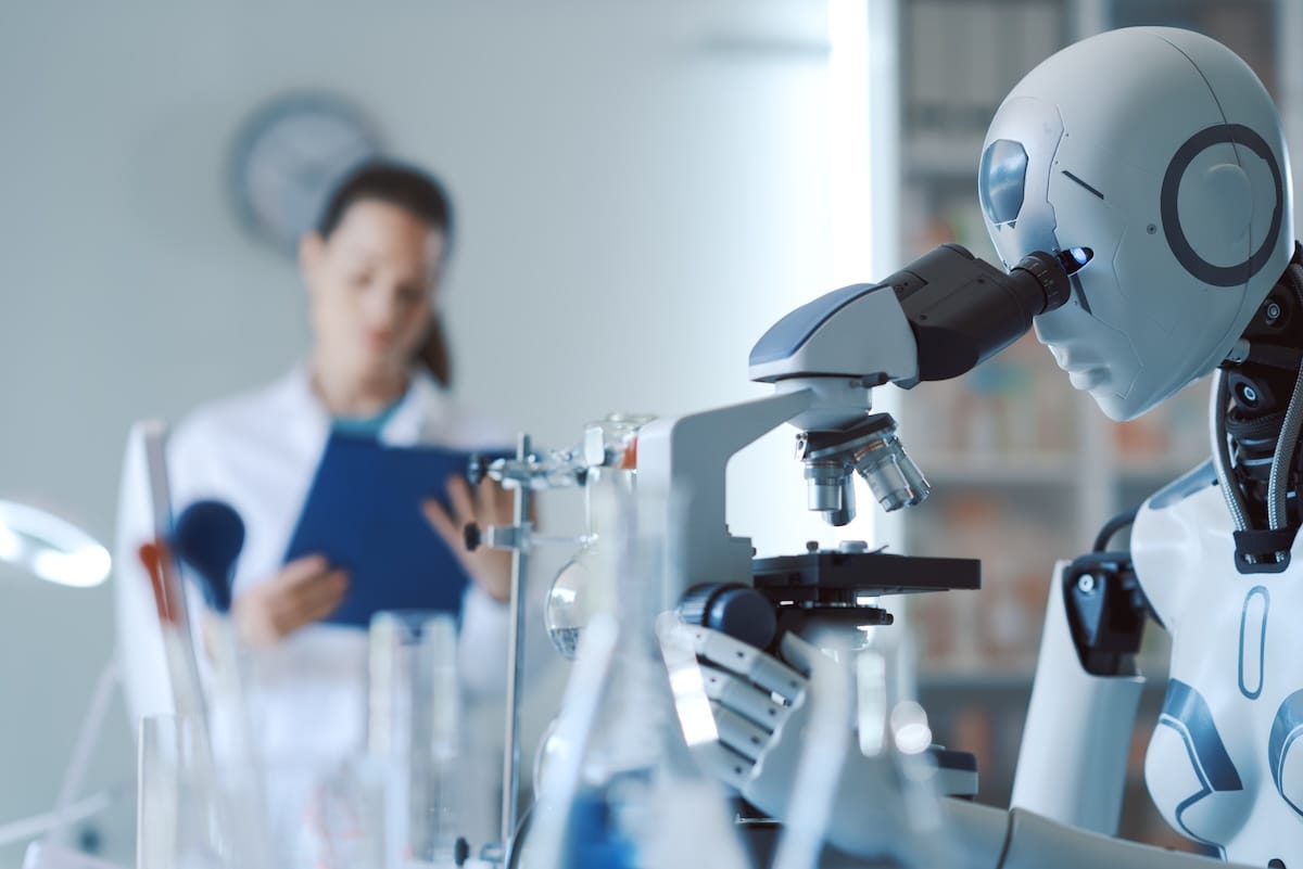 Female scientist and AI robot working together in the science lab