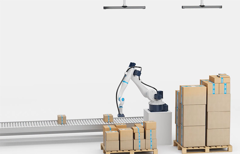 MotionCam 3D Color (Blue) enables accurate scanning at a distance as in this palletizing application.