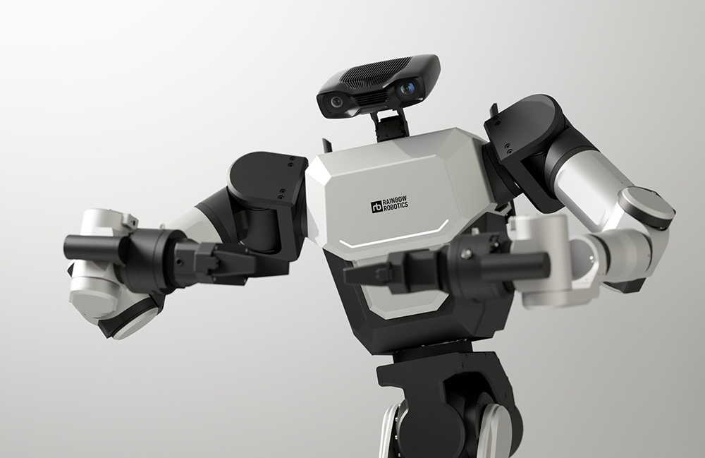 The RB-Y1 features two arms mounted on a wheeled mobile platform.